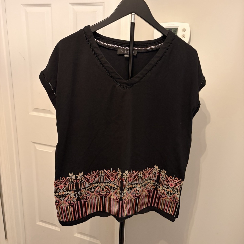 August Silk Black V-Neck Blouse with Colorful Embroidered Hem L Office Chic Boho
